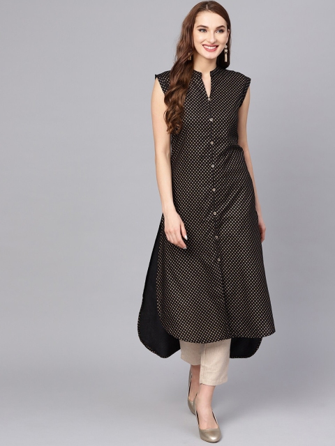 

Jaipur Kurti Women Black & Cream-coloured Geometric Printed Pathani Kurta
