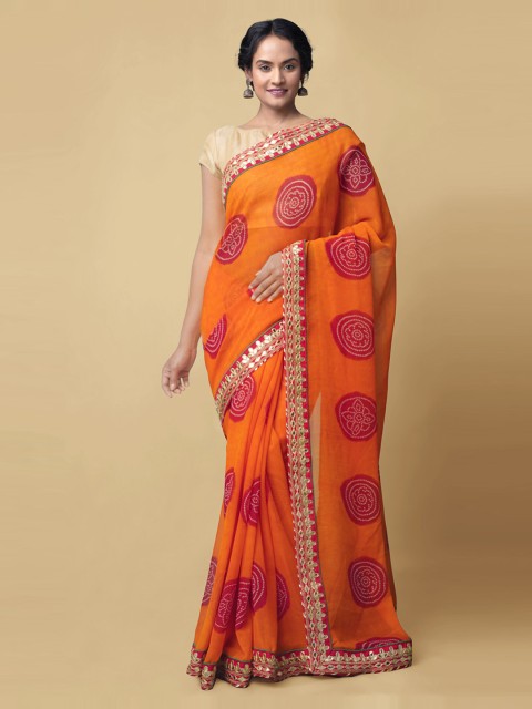 

Unnati Silks Orange & Pink Pure Chiffon Printed Bandhani Saree