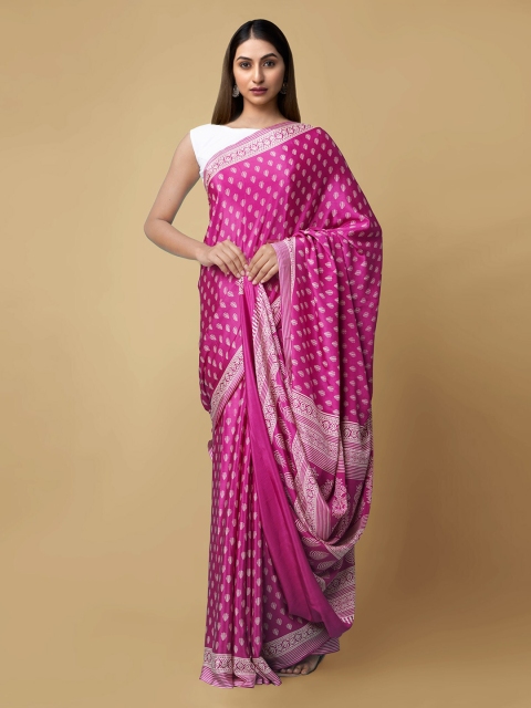 

Unnati Silks Pink & White Pure Crepe Printed Block Print Handloom Saree