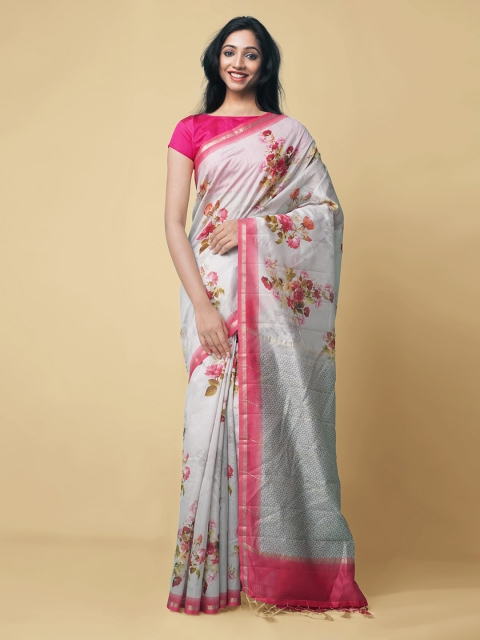 

Unnati Silks Grey & Pink Silk Cotton Printed Handloom Chanderi Saree