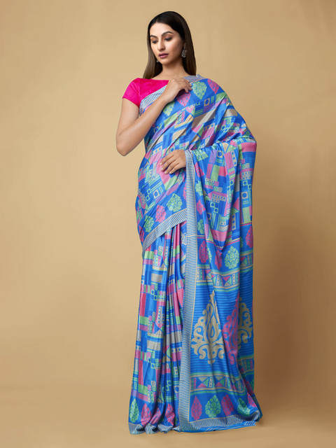 

Unnati Silks Blue & Pink Pure Crepe Printed Block Print Saree