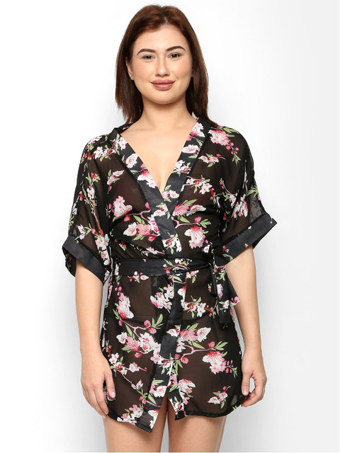 

Ms.Lingies Women Black & Pink Printed Mini Robe With G-String Briefs