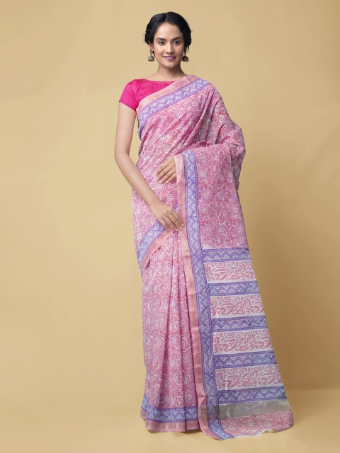 

Unnati Silks Pink & Blue Silk Cotton Printed Handloom Chanderi Saree