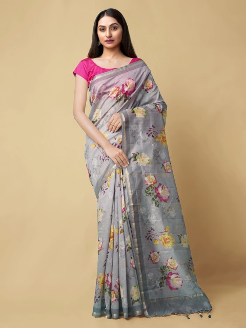 

Unnati Silks Grey & Yellow Silk Cotton Printed Chanderi Handloom Saree