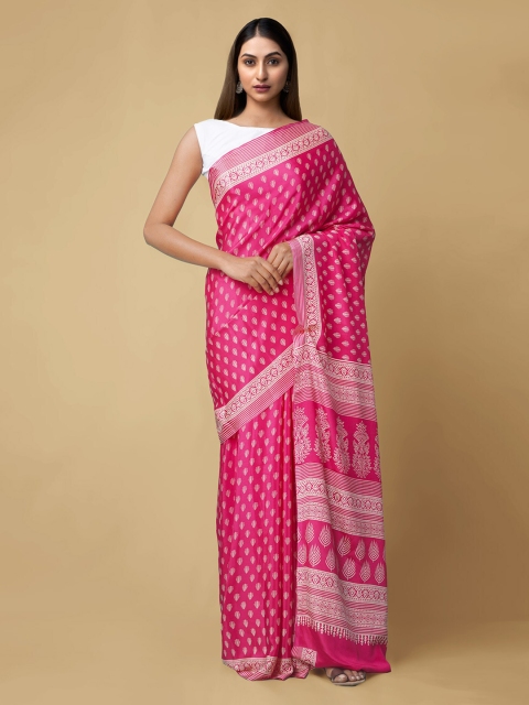 

Unnati Silks Pink & Off-White Pure Crepe Printed Block Print Saree