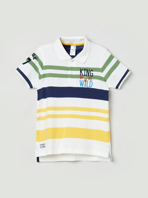 

max Boys White & Yellow Striped Polo Collar Cotton T-shirt