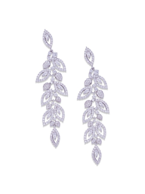 

shaze Silver-Toned Rhodium Plated Leaf Shaped Drop Earrings