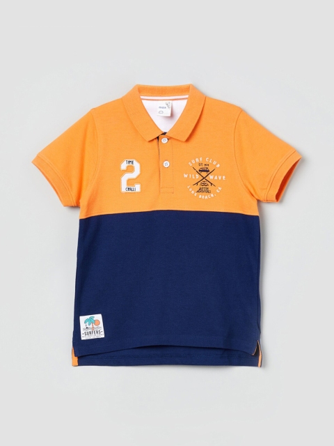max Boys Navy Blue & Orange Colourblocked Polo Collar T-shirt