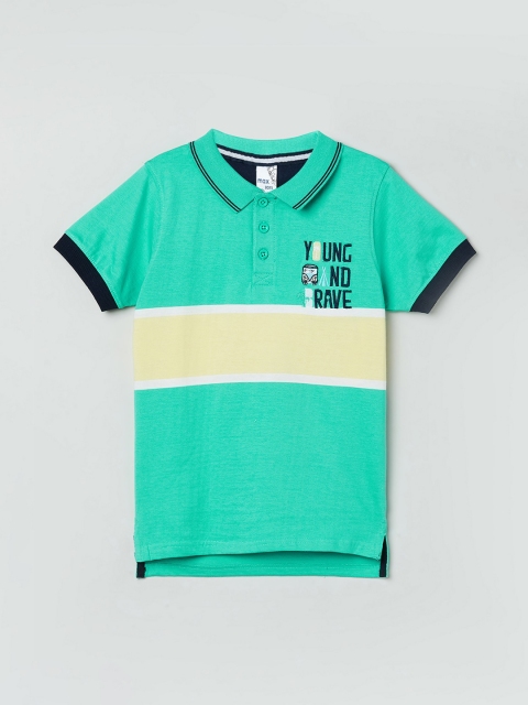 

max Boys Sea Green Yellow Striped Polo Collar Pure Cotton T-shirt