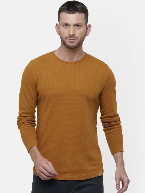 

Voi Jeans Men Mustard Brown Solid Round Neck Pure Cotton T-shirt