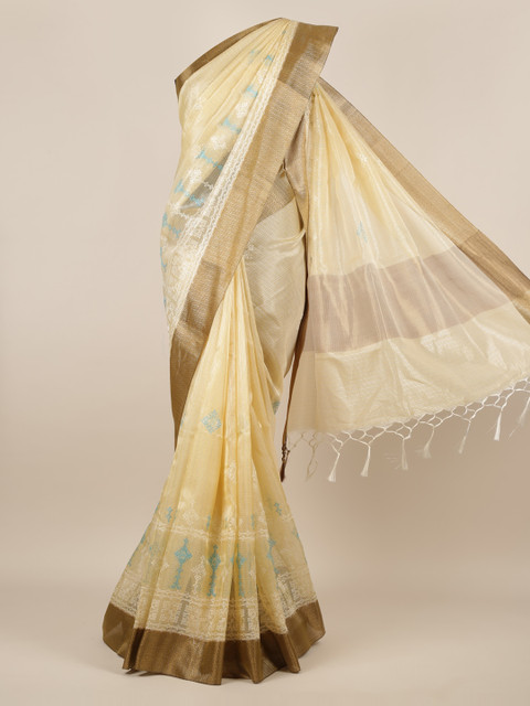 

Pothys Cream-Coloured Embroidered Silk Cotton Saree With Tasseled Pallu