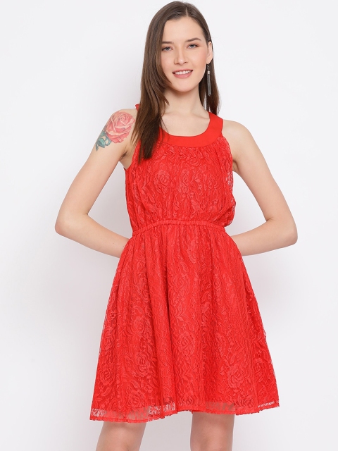 

ALL WAYS YOU Women Red Self Design Fit and Flare Dress