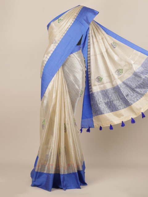 

Pothys Cream-Coloured & Blue Silk Cotton Embroidered Saree