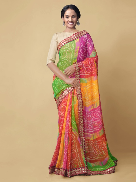 

Unnati Silks Pink & Orange Pure Chiffon Printed Bandhani Handloom Saree