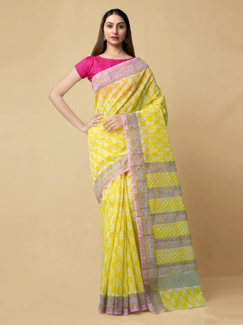 

Unnati Silks Yellow Silk Cotton Printed Chanderi Saree