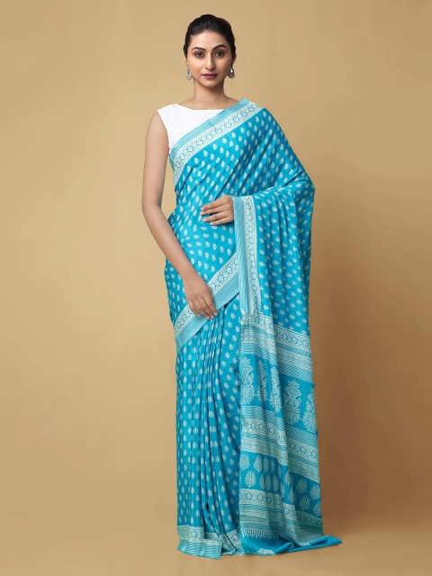 

Unnati Silks Blue & Off-White Pure Crepe Printed Block Print Saree