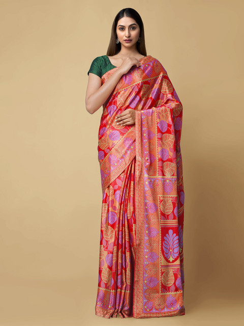 

Unnati Silks Red & Purple Pure Crepe Woven Design Block Print Handloom Saree