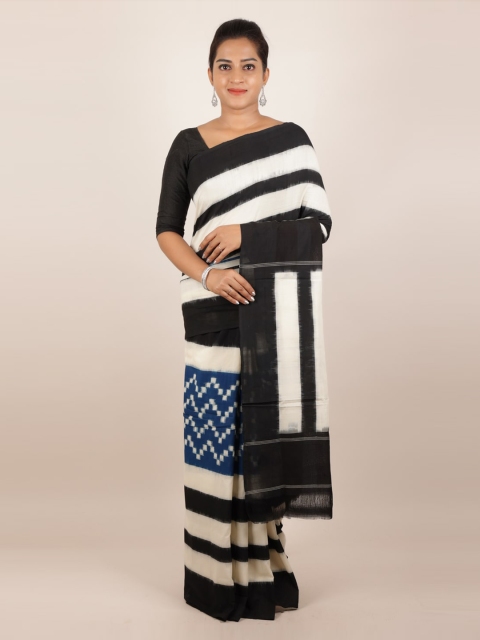 

Pothys Off-White & Black Pure Cotton Striped Sambalpuri Saree