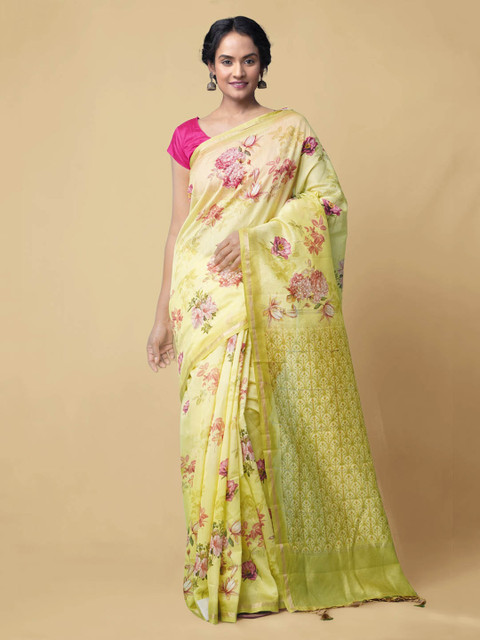 

Unnati Silks Yellow & Pink Silk Cotton Printed Chanderi Saree
