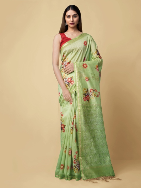 

Unnati Silks Green & Pink Silk Cotton Printed Chanderi Saree