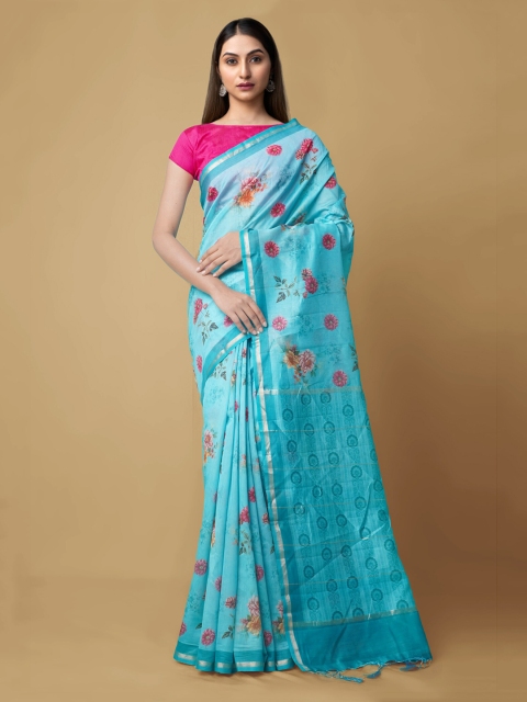

Unnati Silks Blue & Pink Silk Cotton Printed Chanderi Saree
