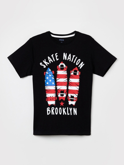

max Boys Black & White Printed Round Neck Pure Cotton T-shirt