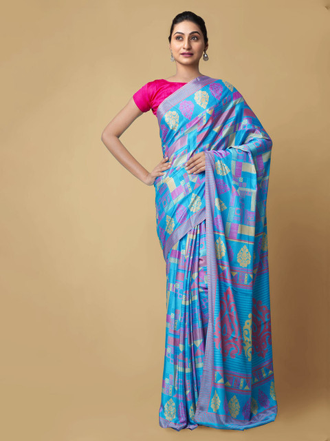 

Unnati Silks Blue & Pink Pure Crepe Printed Block Print Handloom Saree