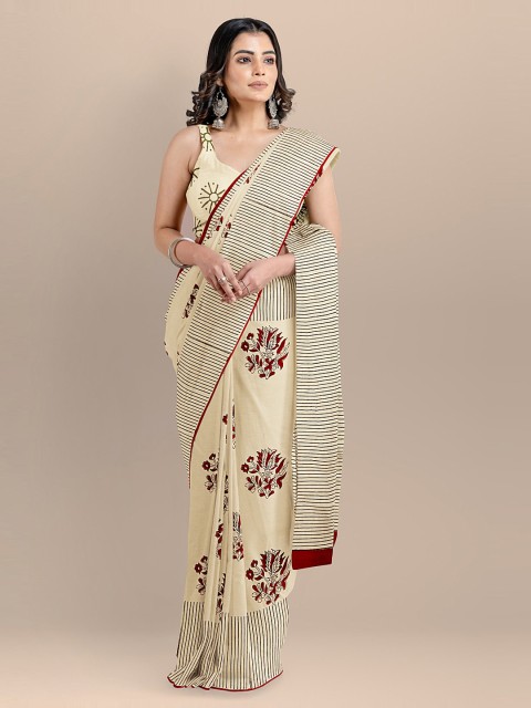 

BharatSthali Cream-Coloured Pure Cotton Printed Block Print Saree