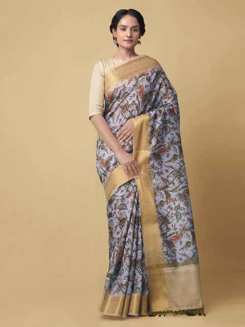 

Unnati Silks Blue & Green Silk Cotton Printed Chanderi Saree