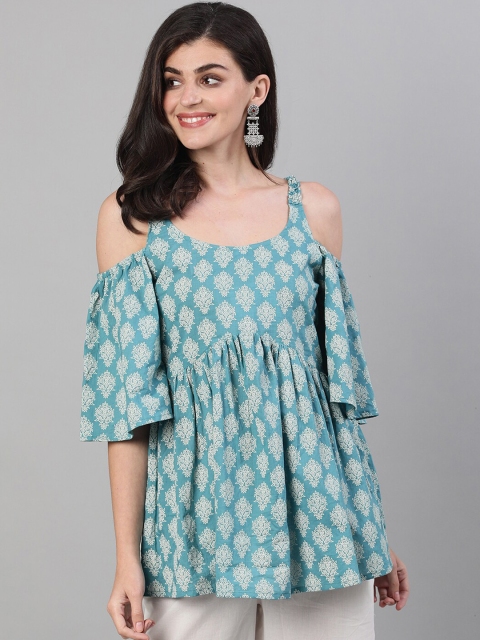 

Nayo Women Turquoise Blue & White Printed Tunic