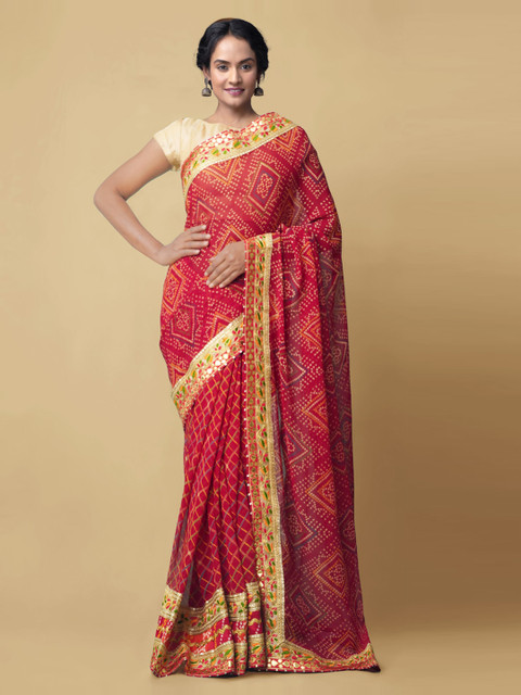 

Unnati Silks Red Pure Chiffon Printed Bandhani Saree