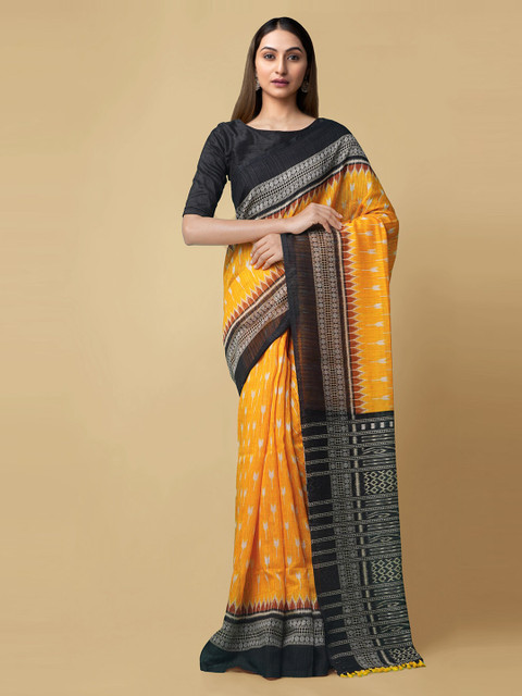 

Unnati Silks Orange & Black Pure Silk Printed Sambalpuri Saree