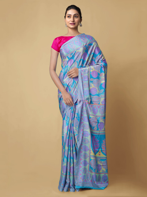

Unnati Silks Blue Pure Crepe Printed Block Print Saree