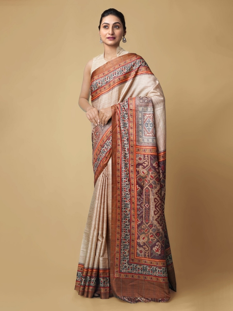 

Unnati Silks Brown & Cream-Coloured Pure Crepe Solid Block Print Saree