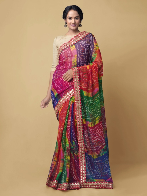 

Unnati Silks Multicoloured Pure Chiffon Printed Bandhani Handloom Saree, Multi