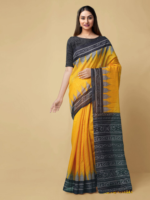 

Unnati Silks Yellow & Black Pure Silk Striped Sambalpuri Saree