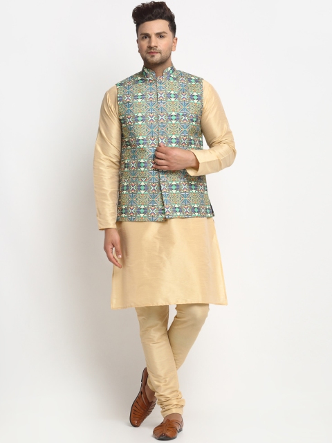 

Benstoke Men Gold-Toned & Sea Green Solid Kurta with Churidar & Nehru Jacket