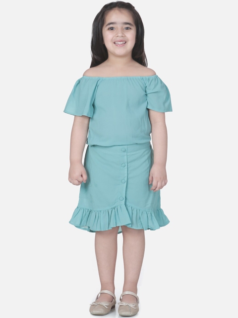 

LilPicks Girls Sea Green Solid Top with Skirt