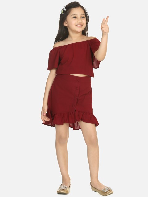 

LilPicks Girls Maroon Solid Top with Skirt