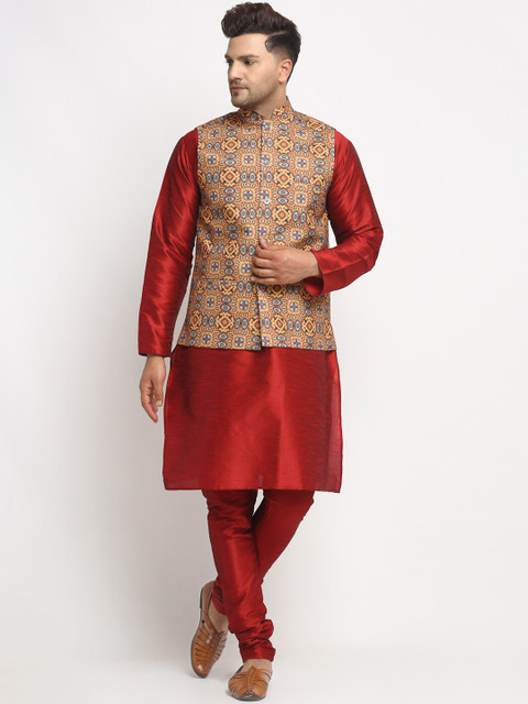 

Benstoke Men Maroon Solid Kurta and Churidar With Nehru Jacket