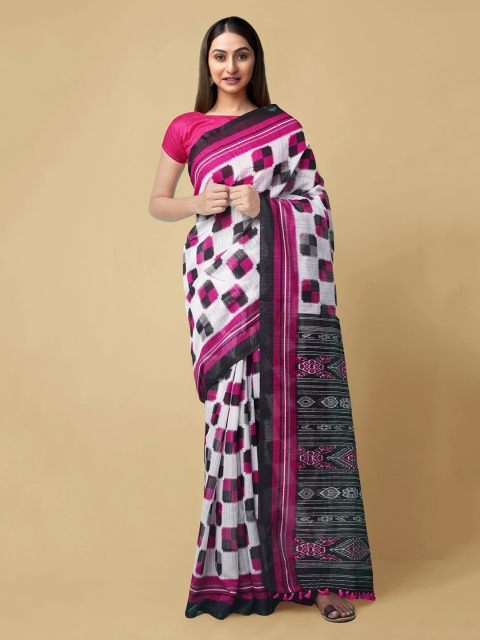 

Unnati Silks White & Purple Pure Silk Printed Sambalpuri Handloom Saree