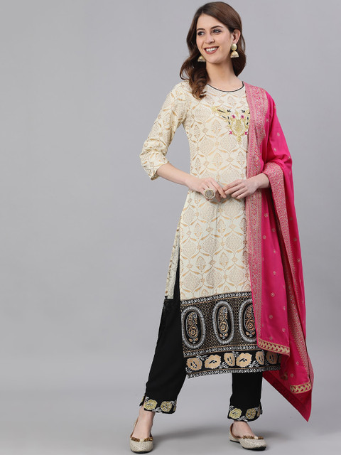 

Ishin Women Off-White & Black Printed Kurta with Palazzos & Dupatta
