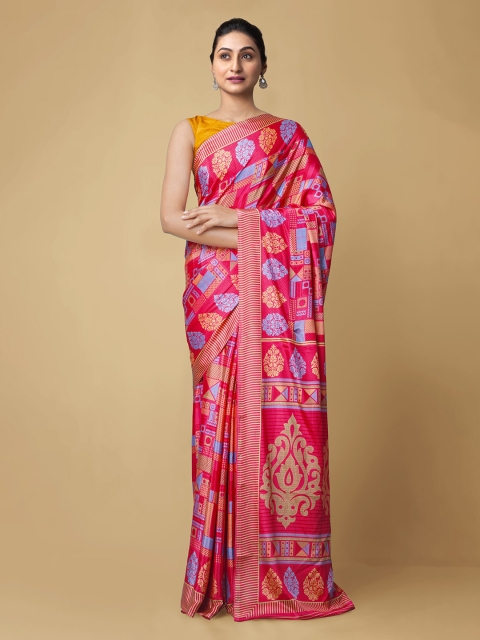 

Unnati Silks Red & Blue Pure Crepe Printed Block Print Handloom Saree