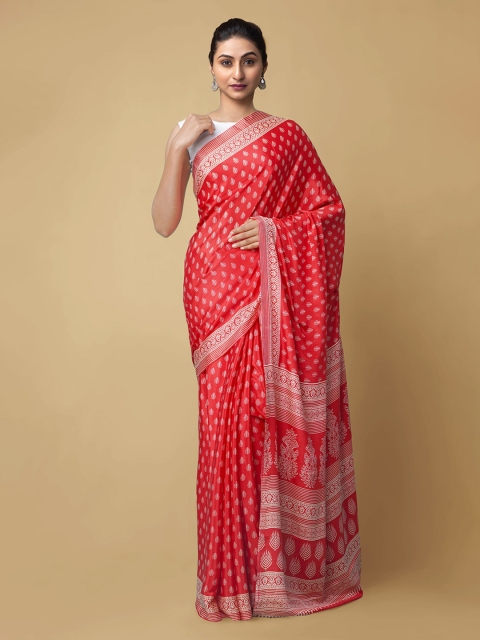

Unnati Silks Red Pure Crepe Printed Block Print Saree
