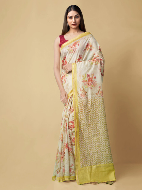 

Unnati Silks Cream-Coloured & Yellow Silk Cotton Printed Chanderi Handloom Saree