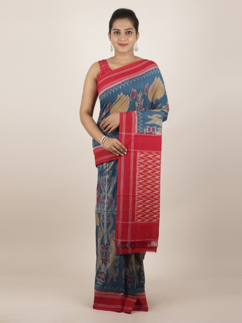

Pothys Blue & Red Pure Cotton Printed Sambalpuri Saree