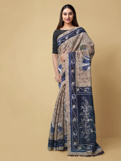 

Unnati Silks Brown & Blue Art Silk Printed Kota Handloom Saree