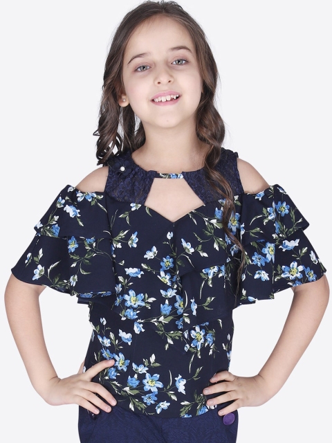 

CUTECUMBER Navy Blue Floral Printed Cold-shoulder Sleeves Georgette Blouson Top
