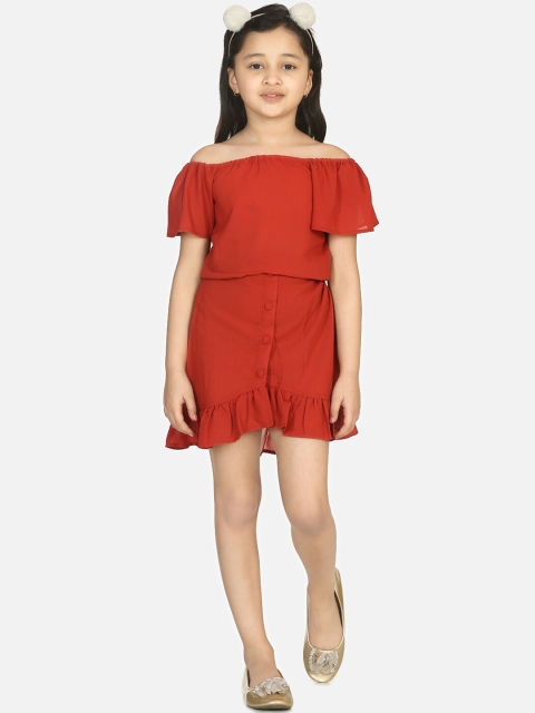 

LilPicks Girls Rust Solid Top with Skirt