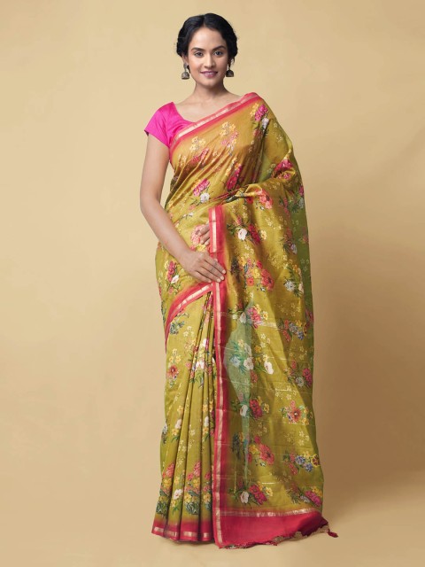 

Unnati Silks Green Silk Cotton Printed Chanderi Saree